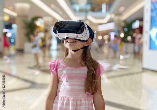 Metaverse and kid concept, child using virtual reality headset in space adventure game.