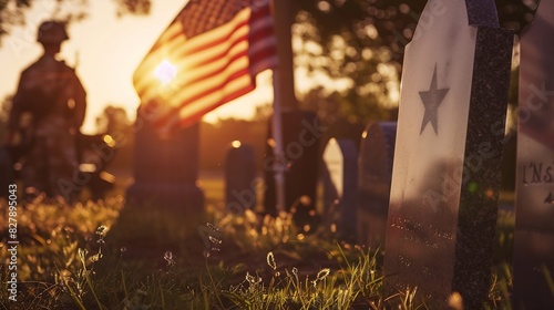 Great for fourth of July Memorial Day labour day or flag day Grave stones in a row with a soldier silhouette and an US National flag   Generative AI