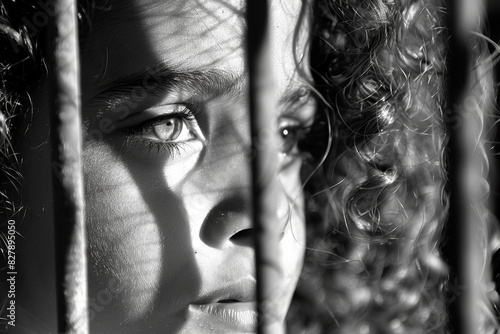 sad boy behind fence mesh netting. Emotions concept - sadness, sorrow, melancholy.