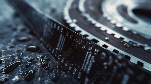 Close-Up of Film Reel with Water Droplets, Cinematic and Moody, Dark and Reflective