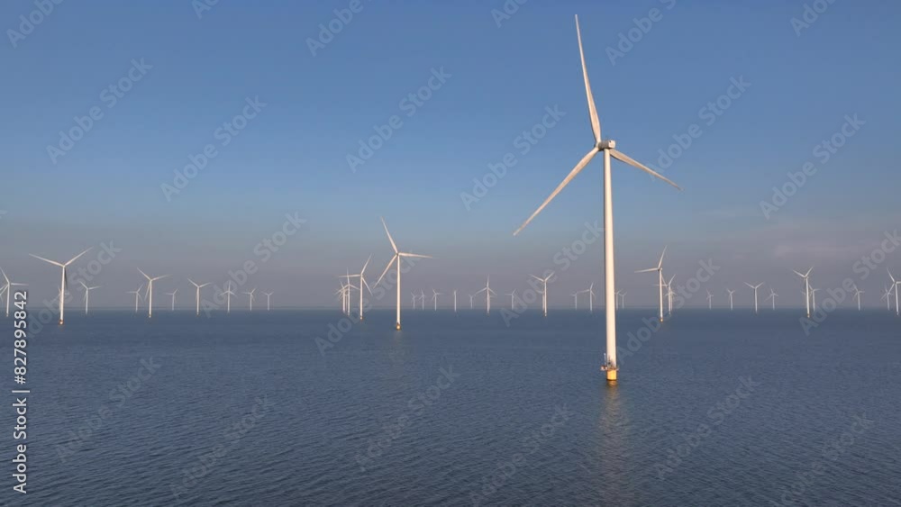 Windmill park in the Lake IJsselmeer in Flevoland Netherlands, Offshore Wind Turbines Windmill Farm in the Sea, Sunset Windmill park in the Lake IJsselmeer in Flevoland Netherlands, Offshore Wind Turbines Windmill Farm in the Sea, Sunset