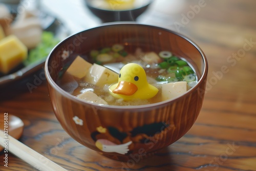 A duck slurping a bowl of miso soup with a little duckshaped tofu photo