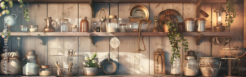 A kitchen with a shelf full of pots and pans kitchen design utensils o isolated background 