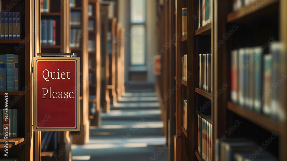 Sign with text quiet please in old vintage retro library room interior ...