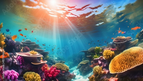 Ocean underwater scene of picturesque coral reef. Based on Generative AI
 photo