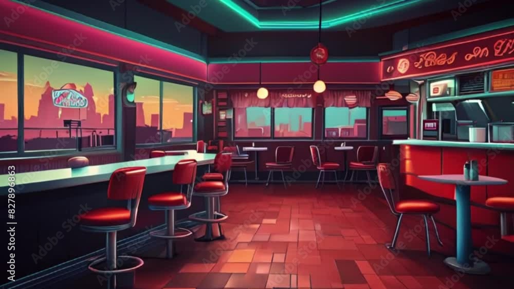 Retro Diner Interior with City View, Neon Lights, and Red and Blue Accents Retro Diner Interior with City View, Neon Lights, and Red and Blue Accents