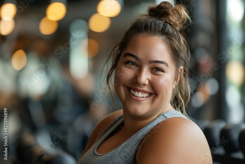 happy smiling overweight woman at gym portrait with copy space, weight training and fitness journey positive and supportive atmosphere,