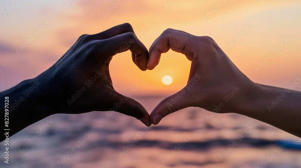 Fototapeta premium Diversity concept, two multiethnic multiracial people hands making heart shape on sand beach at sea or ocean sunset. Summer holiday vacation, tourism and travel friends love