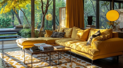 Cozy living room with a sunny yellow sectional sofa, warm ambient lighting, and a yellow-patterned rug