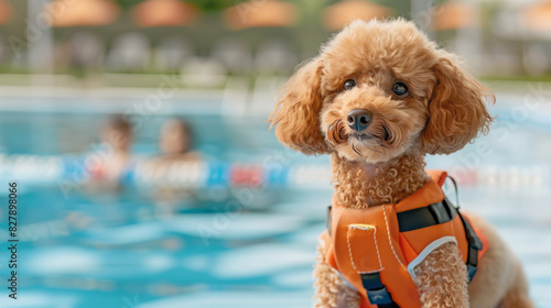 A Toy Poodle wearing a lifeguard vest observing swimmers at a pool.