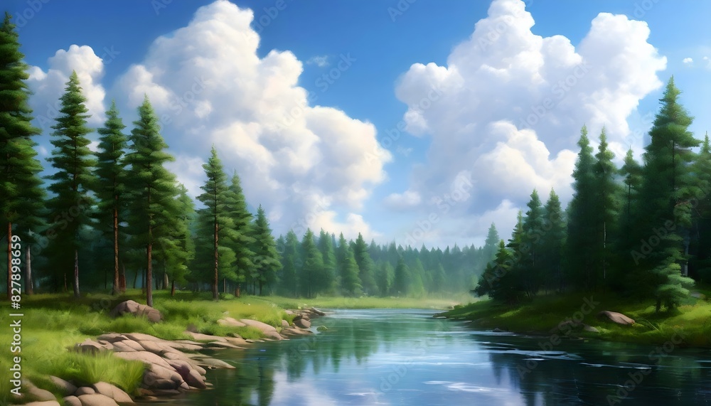 Obraz premium Landschaft Fluss mit Pinienwald. Hintergrund für das Design 1.