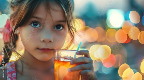 A thoughtful young girl with a cup of juice against a blurred bokeh background. AIG50