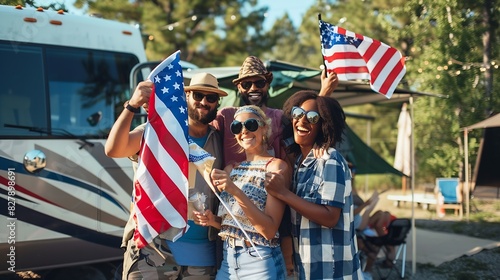 Millennial interracial friends holding American flag and smiling in front of RV at campsite Young multinational people celebrating national Independence Day holiday outdoors : Generative AI photo