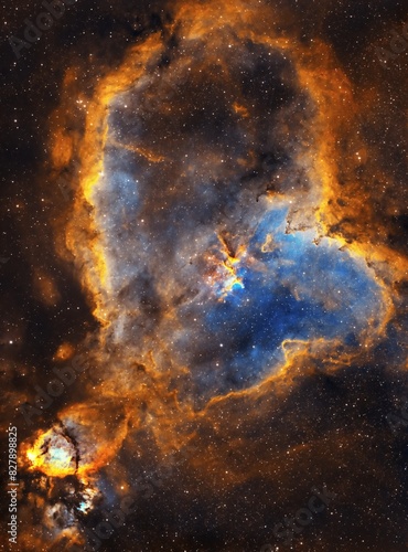 Astrophotography of the blue and orange Heart Nebula in the night sky