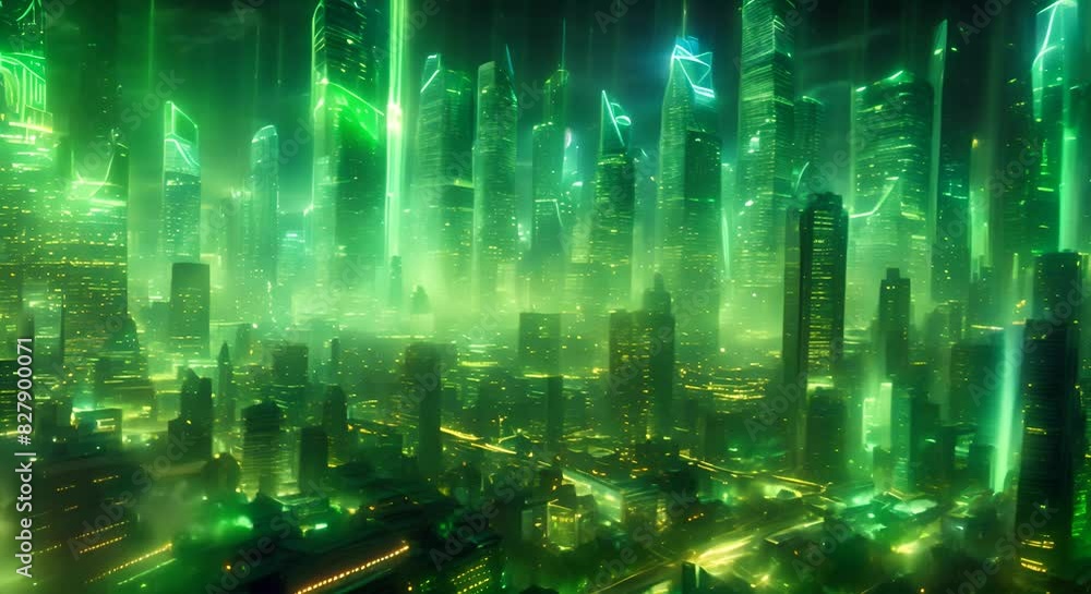 A view of a bustling city in the future illuminated by vibrant green lights Elaborate landscape of a complex cyber attack A view of a bustling city in the future illuminated by vibrant green lights Elaborate landscape of a complex cyber attack