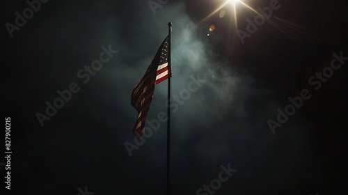 Backlit American flag flying on pole with copy space : Generative AI