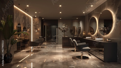 Modern salon with sleek furniture and stylish decor, realistic interior design photo