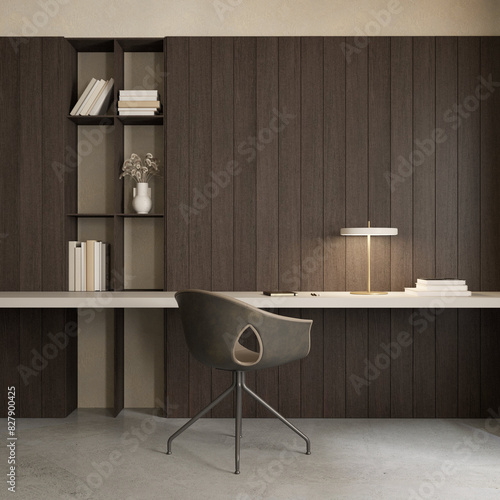 Modern office interior design with desk , chair and shelves , empty wall space mock up , 3d rendering