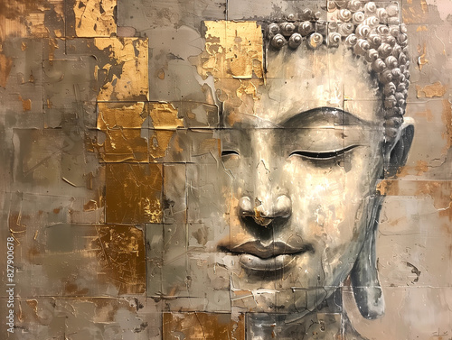 Buddha on a light background, in muted earth and gold colors, in the style of acrylic painting. Vesak. Nirvana. Enlightenment.