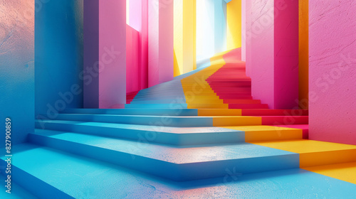 A colorful staircase with a blue  yellow  and pink wall