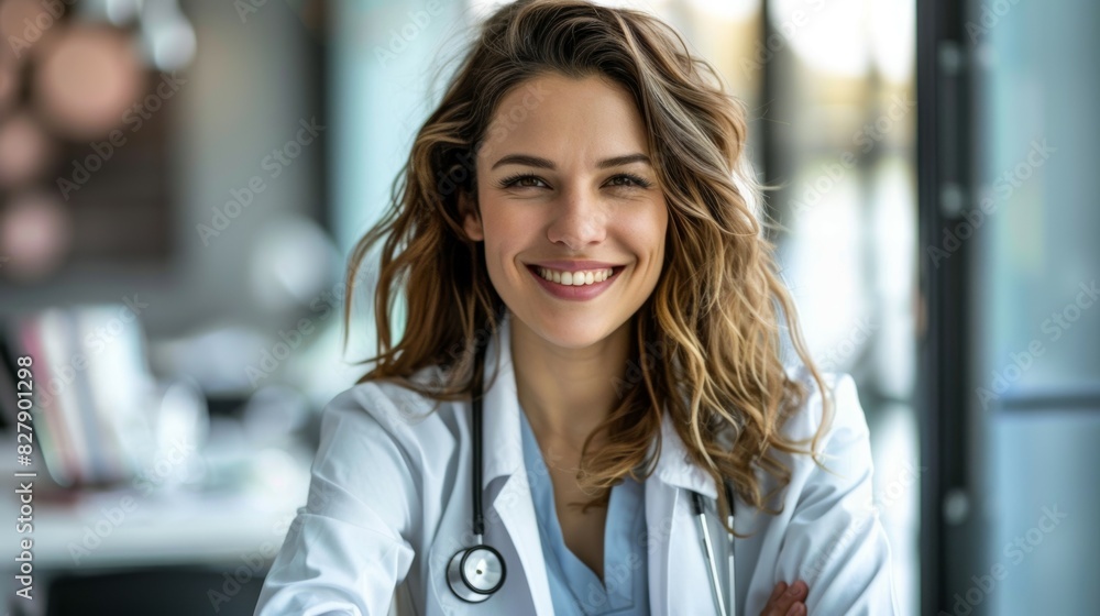 A woman in a white coat is smiling and posing for a picture A woman in a white coat is smiling and posing for a picture