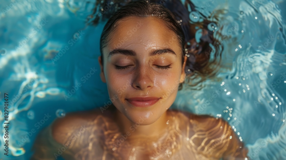A woman is floating in a pool with her eyes closed A woman is floating in a pool with her eyes closed