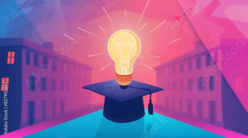 Flat design of a graduation hat with an animated light bulb idea above it, front view, vivid colors selective focus, educational innovation, whimsical, Double exposure, university campus backdrop