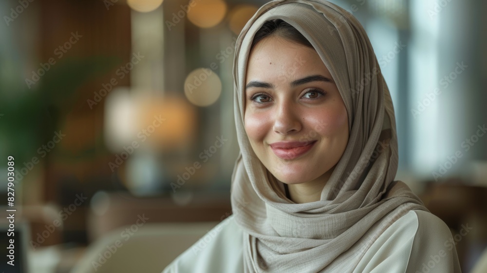 A woman wearing a scarf is smiling at the camera A woman wearing a scarf is smiling at the camera