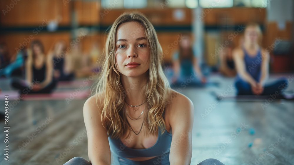 Fototapeta premium Young beautiful woman in yoga class her first day, people meditating in bakground, mental health and mindfulness concept