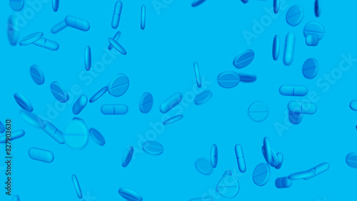 Blue capsules, tablets and pills against blue backdrop. Drugs, pills, tablets, medicine concept. 3d render illustration