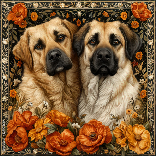 Two Anatolian Shepherd Dogs pose together amidst a floral background. Their intelligent eyes and strong features are highlighted by the vibrant flowers surrounding them. photo