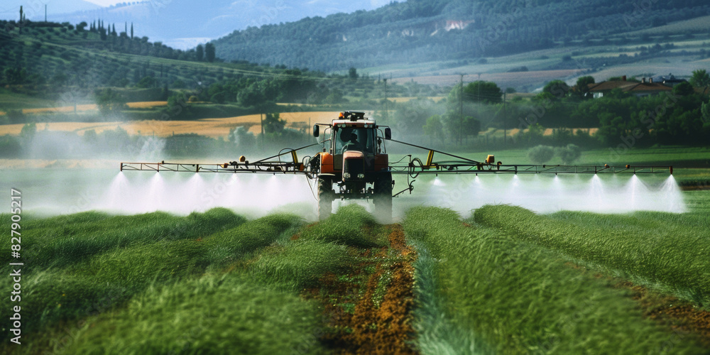 Fototapeta premium Spraying Crops in Rural Farmland