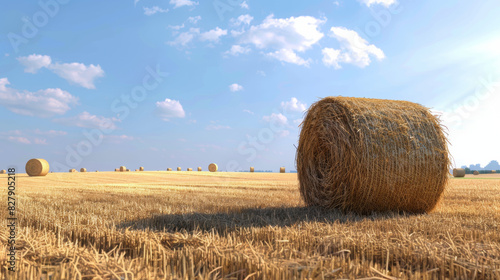A straw bale in the middle of a very large field with many bales in the distance. The sky is blue 