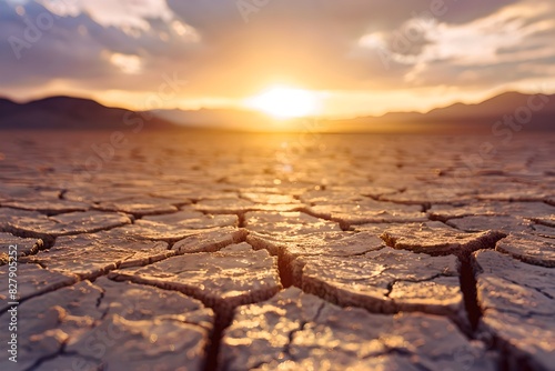 Sunset over cracked dry desert landscape. Natural disaster and drought concept. Global warming and climat change. Design for banner, background. Environmental crisis
