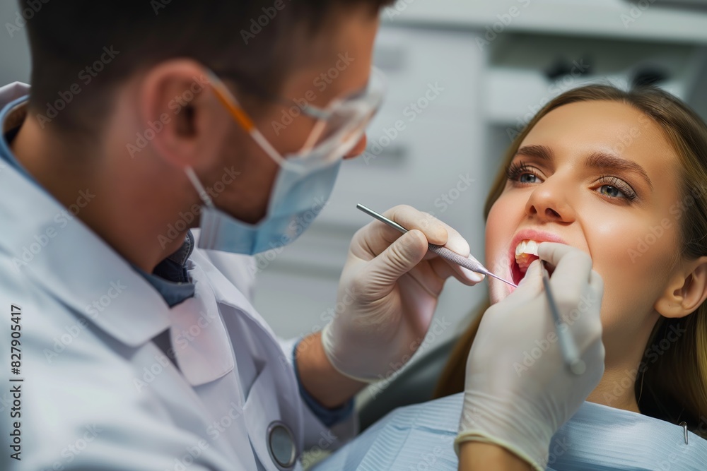 Dentist examining woman's teeth with open mouth Dentist examining woman's teeth with open mouth
