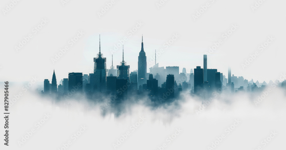 Obraz premium Minimalistic city poster for a global financial company's website. Skyline on white background,foggy 