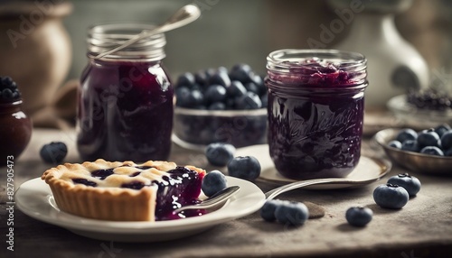 A pastry filled with fruit and jelly on top, next to an open jam jar with more blueberries. A spoon is placed in front of the dessert for serving or enjoying. photo