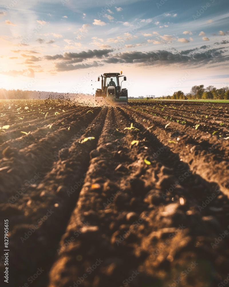 Fototapeta premium Vegetable field, low angle shot, machinery, dirt, dramatic, cinematic, golden hour