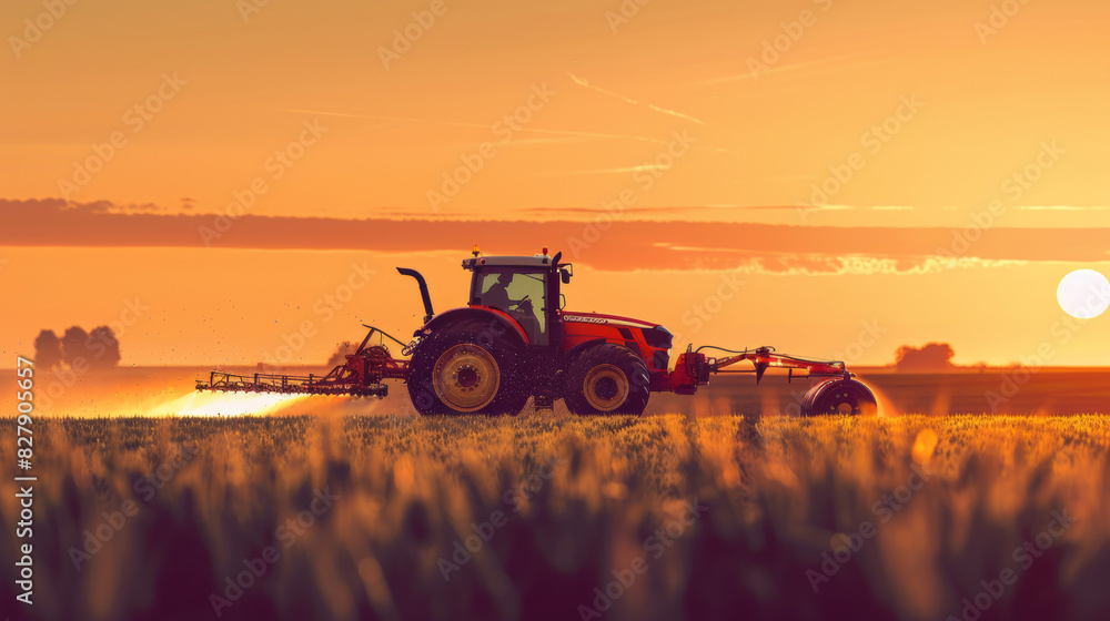 Fototapeta premium Irrigation tractor in action, spraying an agricultural crop, against the backdrop of a picturesque sunset.