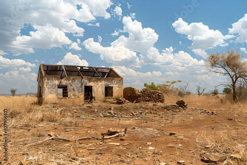 Abandoned stone house in dry landscape. Natural disaster and drought concept. Global warming and climat change. Design for banner  poster