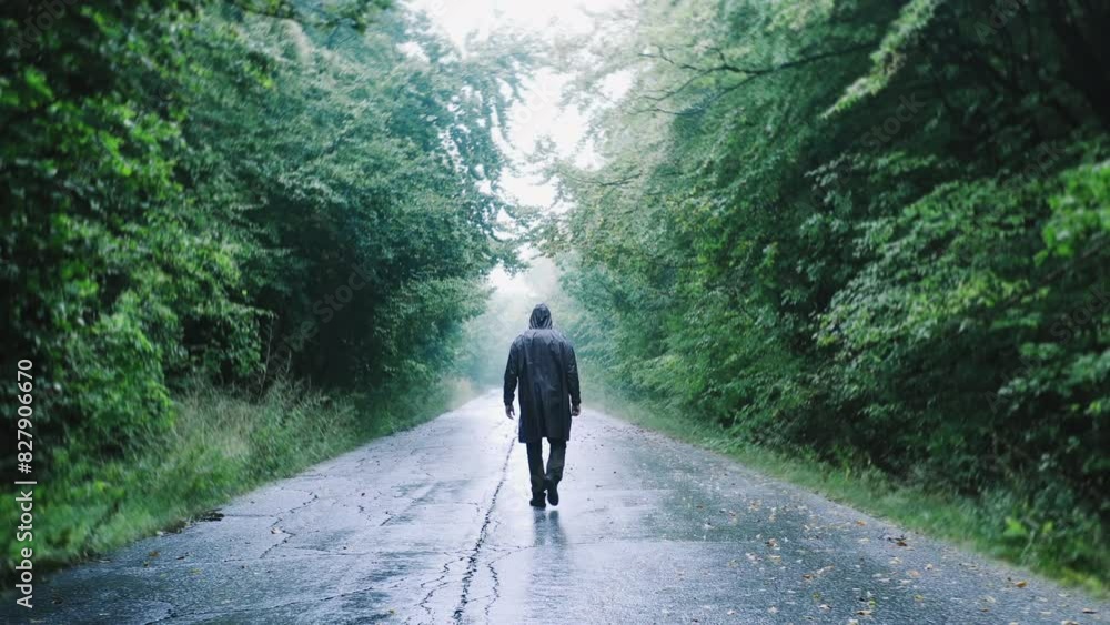 Sadness Depression Darkness Silhouette Of Sad Man Walking On Path With Trees In The Misty Mountains Loneliness Backpacking Slow Motion Drone
