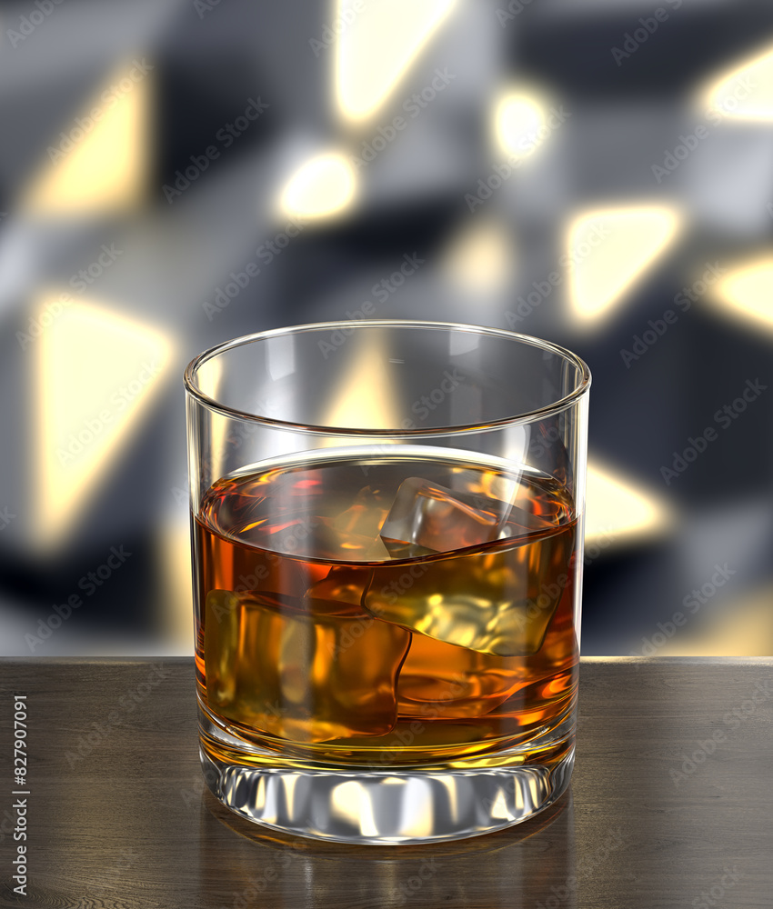 Glass of cognac on wooden table on background of wall with spotlights. Bar theme. Dark environment. 3d rendering.