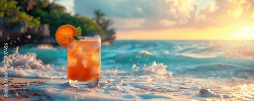 Orange margarita cocktail on sandy beach background. Glass of juice with ice cubes. Tropical drink for summer party. Alcoholic vacation at resort. Refreshing beverage concept. Banner with copy space