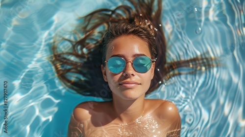 A woman is laying in a pool wearing sunglasses