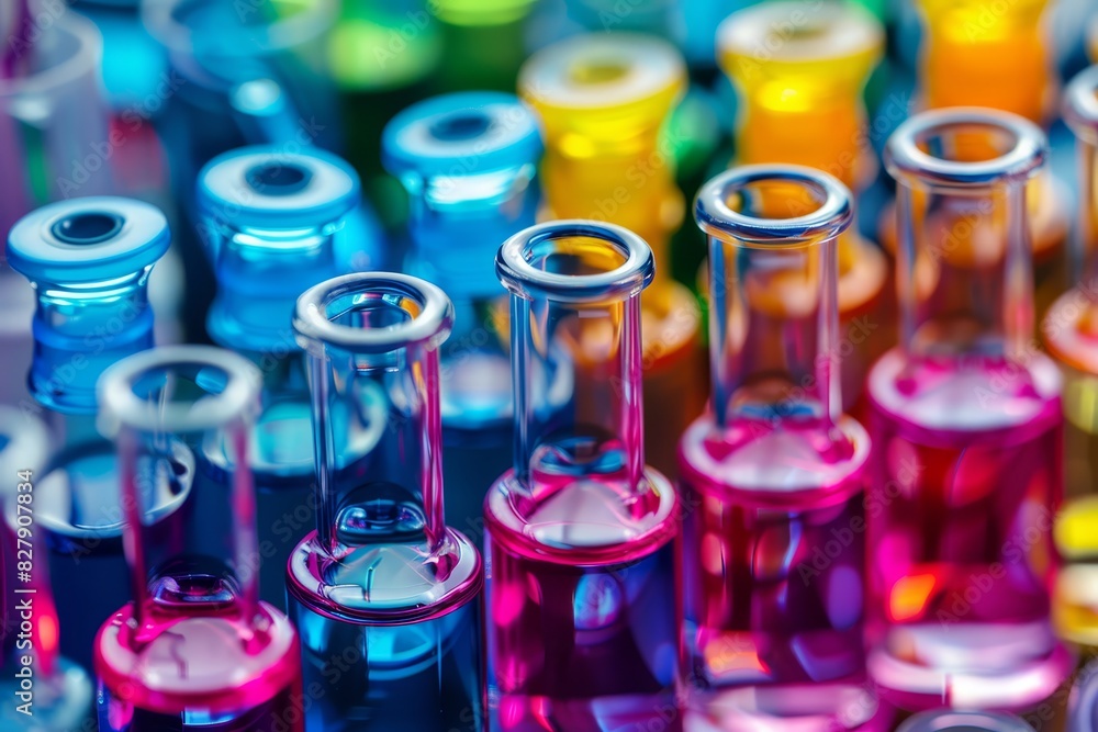 Realistic closeup of an organized array of liquid medications and droppers in vibrant colors, high detail selective focus, precision in pharmaceuticals, vibrant, Fusion, doctors office backdrop Realistic closeup of an organized array of liquid medications and droppers in vibrant colors, high detail selective focus, precision in pharmaceuticals, vibrant, Fusion, doctors office backdrop