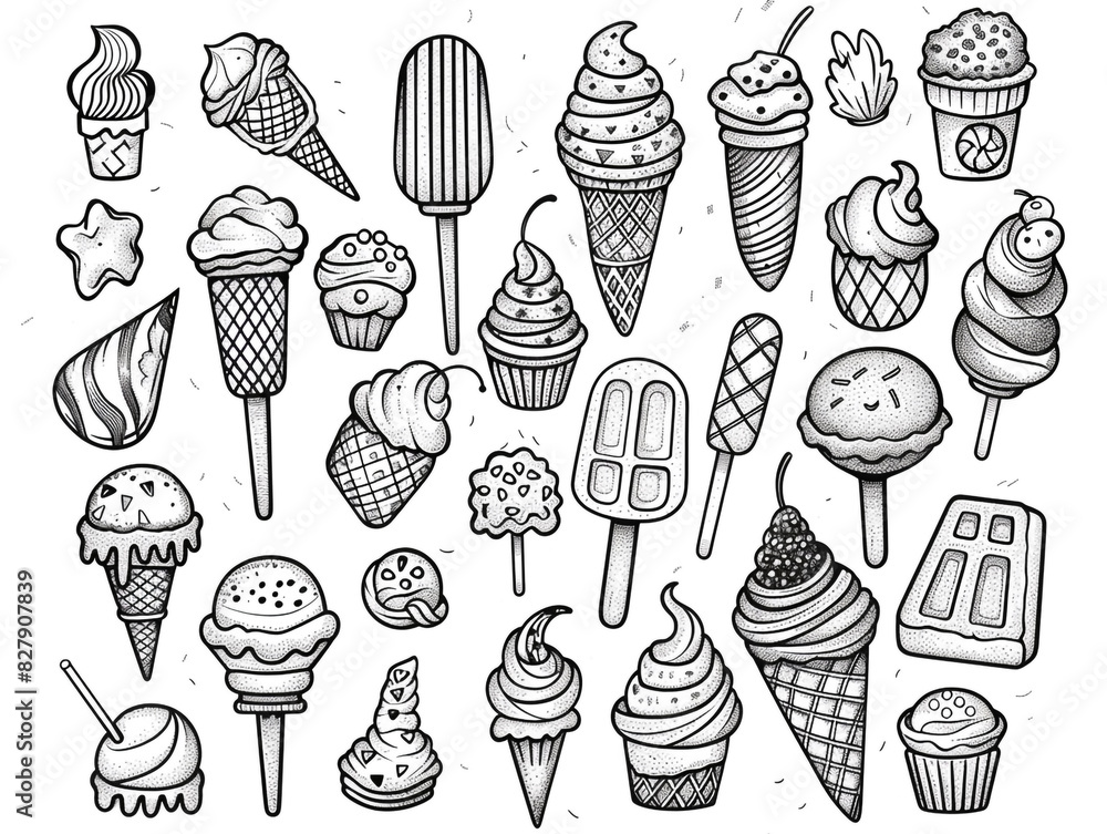 A black and white drawing of various ice cream flavors and toppings. The scene is playful and fun, with the various ice cream flavors and toppings creating a sense of whimsy and delight
