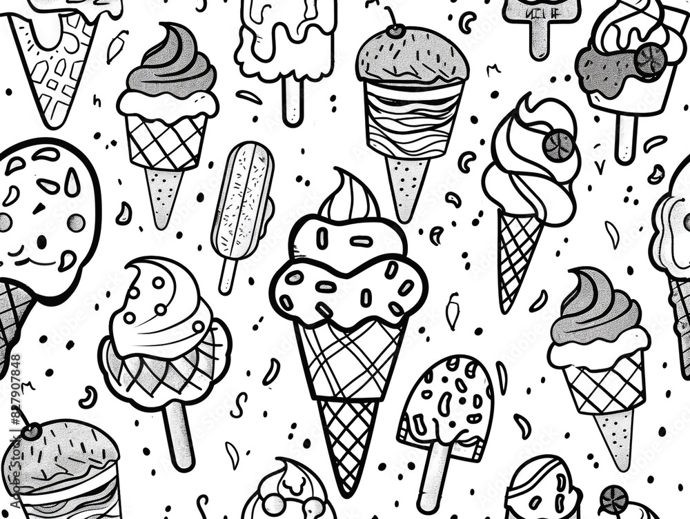 A black and white drawing of various ice cream flavors and toppings. The scene is playful and fun, with the various ice cream flavors and toppings creating a sense of whimsy and delight A black and white drawing of various ice cream flavors and toppings. The scene is playful and fun, with the various ice cream flavors and toppings creating a sense of whimsy and delight