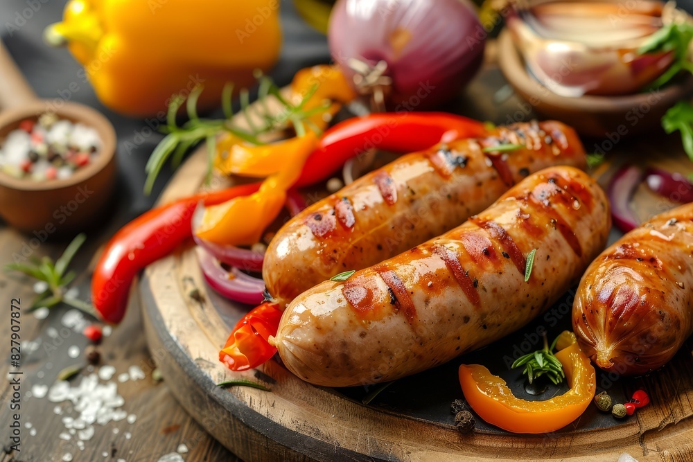 Spicy Polish sausage with roasted peppers and onions, served hot copy space, comfort food, dynamic, Overlay, kitchen counter backdrop Spicy Polish sausage with roasted peppers and onions, served hot copy space, comfort food, dynamic, Overlay, kitchen counter backdrop