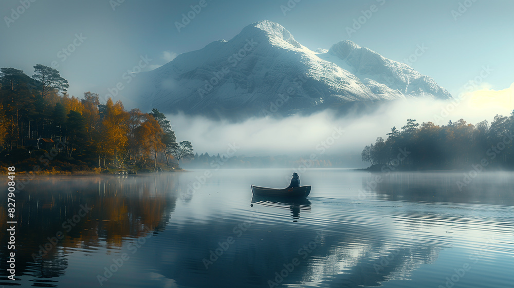 Calm morning on a mountain lake reflects the snow-capped peaks