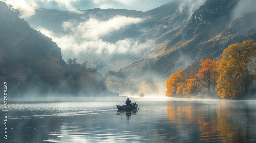 Fishing Boat Glides on Misty Lake Under Morning Sun